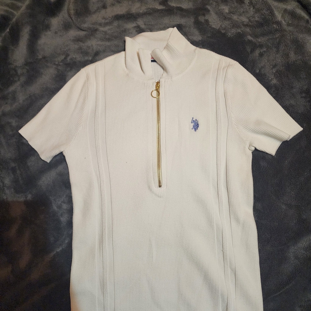 White Short Sleeve Polo Top with Gold Zipper